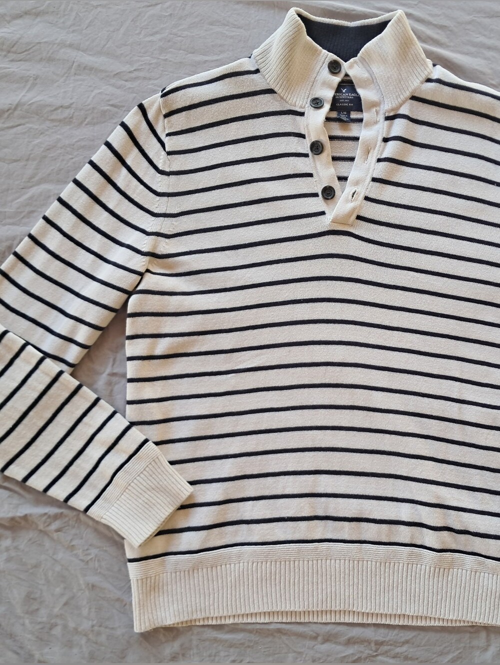 American Eagle Men's Striped Button-Neck Sweater in Cream and Navy